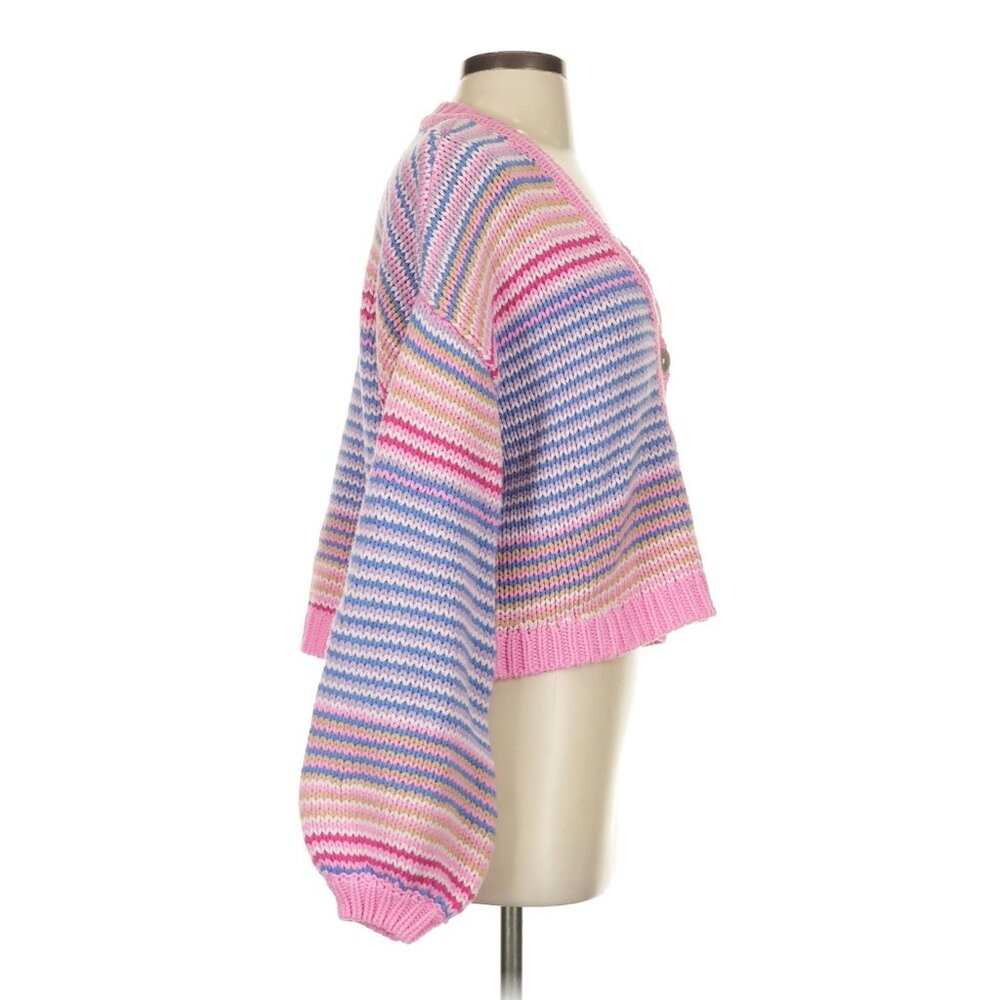 Show Me Your Mumu Pink Multi Stripe Cropped Relaxed Fit Button Up Cardigan 90s - Picture 5 of 16